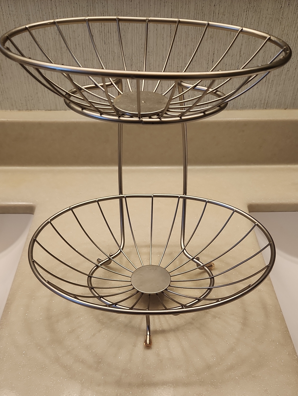 Two-Tier Metal Fruit Basket Stand- Silver-tone